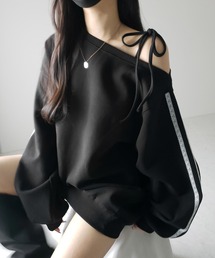 me+em select(~[ZNg)́y Rcolor zV{[XTChCI[o[XEFbg ^ One-shoulder ribbon lace side line over sweatshirt(XEFbg)