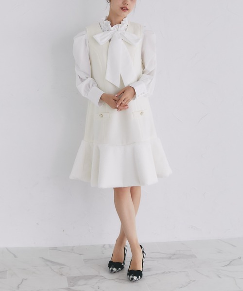 ファー フェイクポケット飾り釦付きヘムファー切り替えジャンパースカートtocco tocco closet（トッコ クローゼット）の「【S・Mサイズ展開