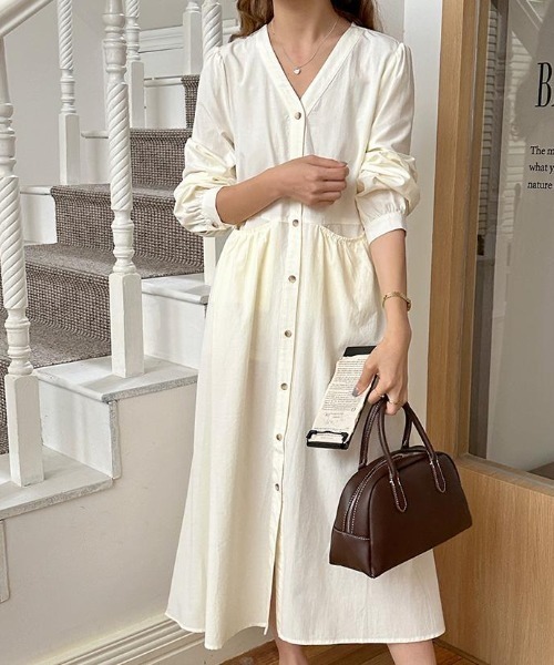 デザインVネックロング・ワンピース