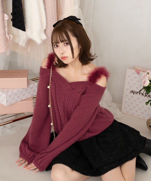 セール】【7周年限定アイテム】フェイクファー付きケーブルニット