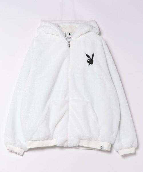 【SEQUENZ×PLAY BOY】ラビットヘッド フェイクファー フルジップ フーデッドジャケット うさ耳パーカー