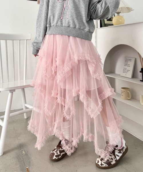 セール】イレギュラーヘムボリュームフリルチュールスカート（スカート
