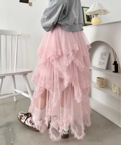 セール】イレギュラーヘムボリュームフリルチュールスカート（スカート