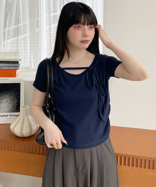 Ada.（エイダ）の「フロントリボン 半袖Ｔシャツ（Tシャツ/カットソー・レディース・ネイビー/ブラック/グレー/ベージュ/アイボリー・FREE）」の18枚目の写真
