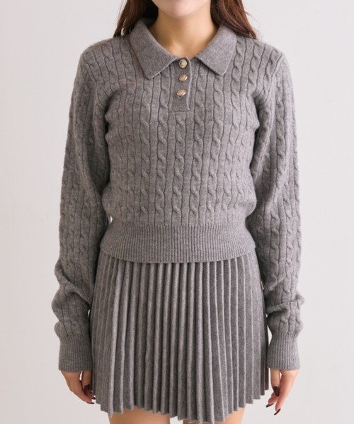 ケロたん プロフ|ω・)ミテネ☆ セール】【SETUP対応】金ボタンケーブルポロ（ニット/セーター