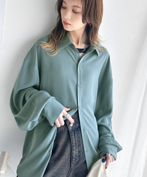 【classicalelf】トップス(L)長袖　シャツ　クラシカルエルフ セール】とろみ素材ロング丈レギュラーカラー無地ミドル丈シャツ