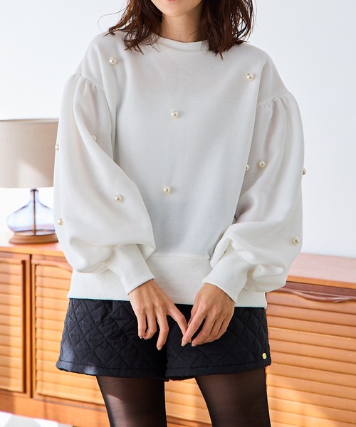 【セール】裏起毛パール付きぽわん袖プルオーバー（スウェット）｜M y u（ミュー）