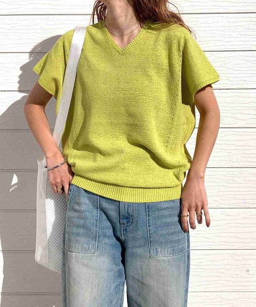 Q(キュー)の「7G Vネック切替ニット(ニット/セーター・レディース・アイボリー/ライム/ブラック・MEDIUM)」の3枚目の写真