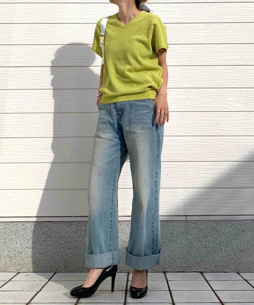 Q(キュー)の「7G Vネック切替ニット(ニット/セーター・レディース・アイボリー/ライム/ブラック・MEDIUM)」の11枚目の写真