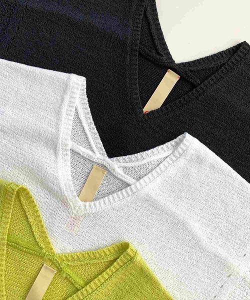 Q(キュー)の「7G Vネック切替ニット(ニット/セーター・レディース・アイボリー/ライム/ブラック・MEDIUM)」の6枚目の写真