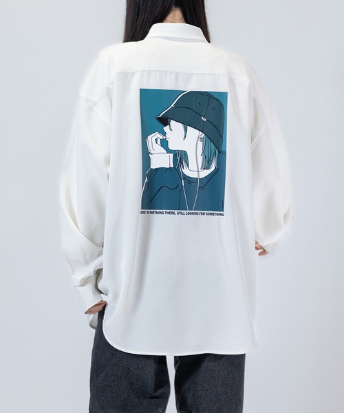 Candy Fantasy（キャンディーファンタジー）の「【a】ライトポリエステル BLUE/GREEN Girl イラスト ビッグシャツ 長袖（シャツ/ブラウス・レディース・ブラック系1/ベージュ系2/ホワイト系1/ホワイト系2/ブラック系2/ベージュ系1・MEDIUM/LARGE）」の2枚目の写真