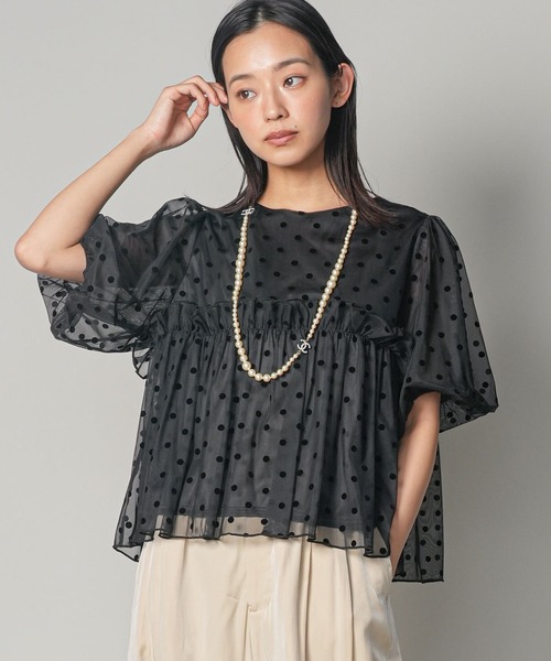mili an deni(ミリアンデニ)の「フロッキードットバルーンスリーブフリルブラウス(シャツ/ブラウス・レディース・ブラック/アイボリー・M)」の2枚目の写真