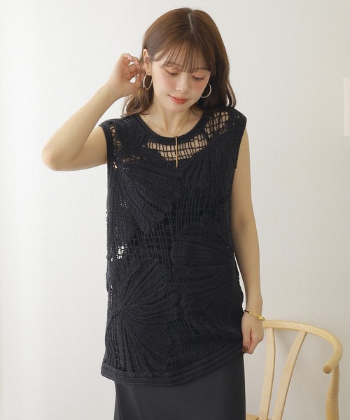 photocopieu クロシェニット 黒 sleeveless top クロシェニットベスト ベスト レディース トップス 綿100・7月14