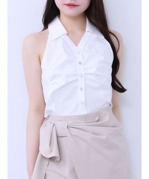 EATME（イートミー）の「フロントギャザーノースリーブシャツ（シャツ/ブラウス・レディース・ブルー/オフホワイト/ブラック・FREE）」の2枚目の写真