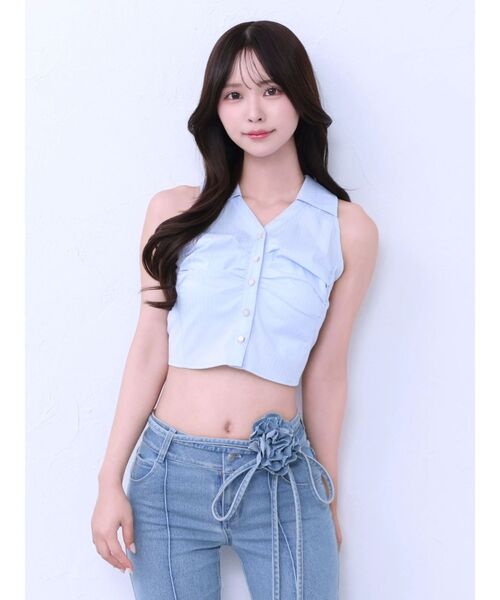 EATME（イートミー）の「フロントギャザーノースリーブシャツ（シャツ/ブラウス・レディース・ブルー/オフホワイト/ブラック・FREE）」の21枚目の写真