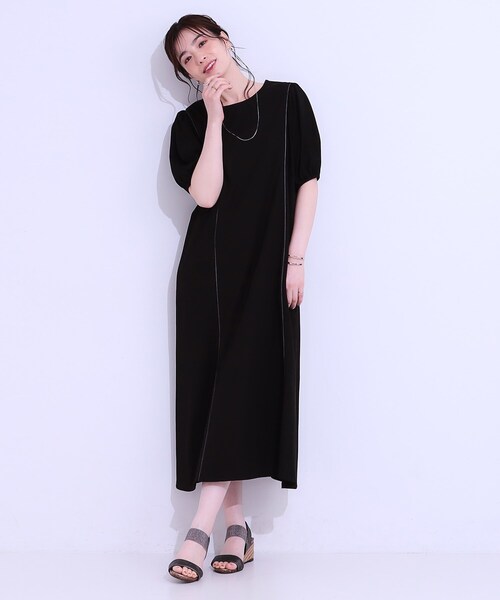 DRESKIP(ドレスキップ)の「【ひんやり/S-LL】微配色ラインですっきり見え 大人のためのワンピース(ワンピース・レディース・ブラック/ダークオリーブ/ブルーグリーン・01/02/03/04)」の4枚目の写真