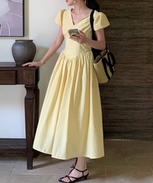 Vネック ギャザー パフスリーブ ロング ワンピース