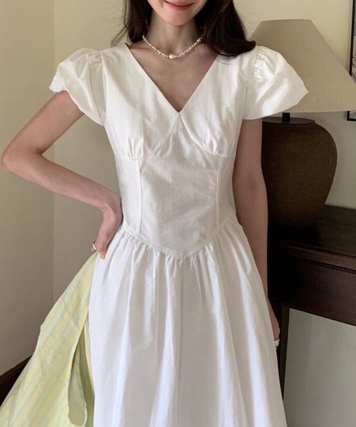 ロングワンピース パフスリーブ 可愛い Ｖネック ワンピース Vネックパフスリーブロングワンピース : ZOZOTOWN