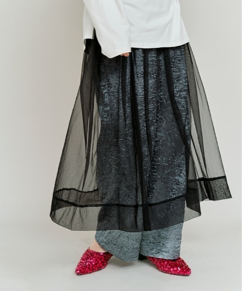 W:Huku(フーク)の「【W:Huku / ブライトシフォン】シアー ロングスカート / Bright Chiffon Long Skirt(スカート・レディース・アイボリー/ブラック・FREE)」の3枚目の写真