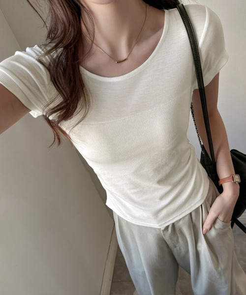 Miniministore(ミニミニストア)の「リブTシャツ 異素材切り替えカットソー(Tシャツ/カットソー・レディース・ミント/オフホワイト/ピンク/ブラック・S/M/L/XL)」の1枚目の写真