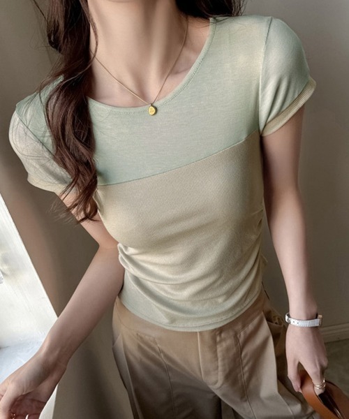 Miniministore(ミニミニストア)の「リブTシャツ 異素材切り替えカットソー(Tシャツ/カットソー・レディース・ミント/オフホワイト/ピンク/ブラック・S/M/L/XL)」の3枚目の写真