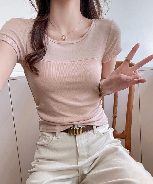 Miniministore(ミニミニストア)の「リブTシャツ 異素材切り替えカットソー(Tシャツ/カットソー・レディース・ミント/オフホワイト/ピンク/ブラック・S/M/L/XL)」の6枚目の写真