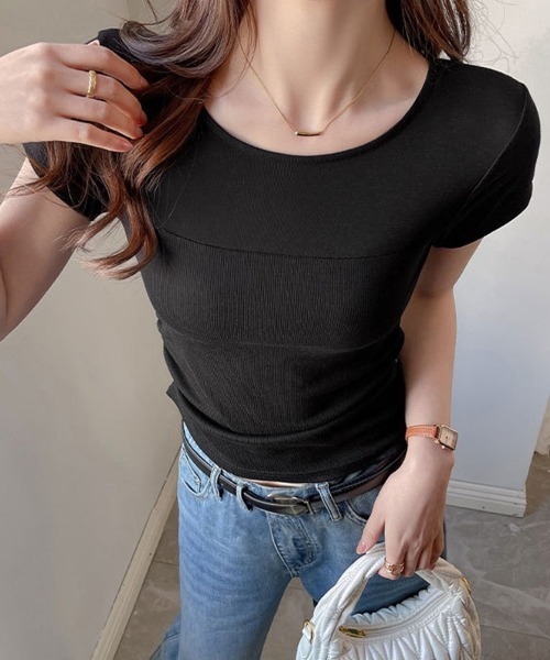 Miniministore(ミニミニストア)の「リブTシャツ 異素材切り替えカットソー(Tシャツ/カットソー・レディース・ミント/オフホワイト/ピンク/ブラック・S/M/L/XL)」の9枚目の写真