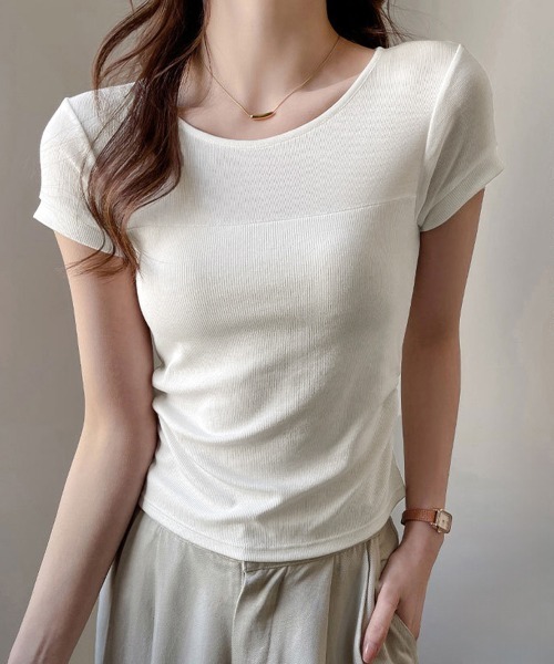 Miniministore(ミニミニストア)の「リブTシャツ 異素材切り替えカットソー(Tシャツ/カットソー・レディース・ミント/オフホワイト/ピンク/ブラック・S/M/L/XL)」の10枚目の写真