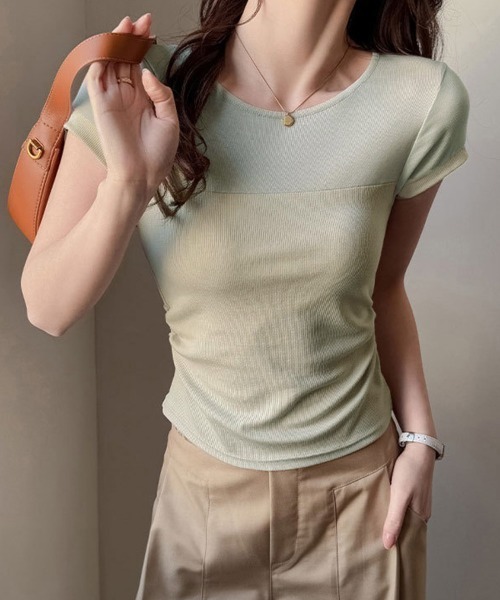 Miniministore(ミニミニストア)の「リブTシャツ 異素材切り替えカットソー(Tシャツ/カットソー・レディース・ミント/オフホワイト/ピンク/ブラック・S/M/L/XL)」の12枚目の写真