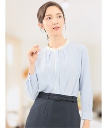 【ストレッチ イージーケア UVカット】m.f.エディトリアル レディース バンドカラー配色 比翼 長袖 ブラウス