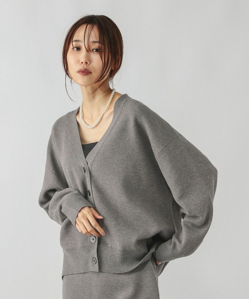 グレー/ブラック Vネックカーディガン ポリエステル ウール ミラノリブ Vネック カーディガン（カーディガン