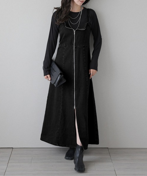 AMELY（エミリー）の「フロントジップデニムワンピース（ジャンパースカート・レディース・ブラック/ブルー・M/L）」の3枚目の写真