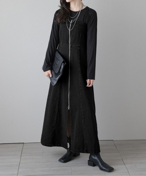 AMELY（エミリー）の「フロントジップデニムワンピース（ジャンパースカート・レディース・ブラック/ブルー・M/L）」の4枚目の写真