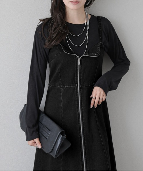 AMELY（エミリー）の「フロントジップデニムワンピース（ジャンパースカート・レディース・ブラック/ブルー・M/L）」の8枚目の写真