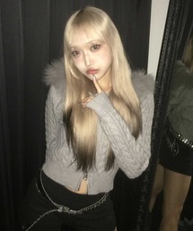 .KOM(ドットコム)のA'GEM/9 × .kom 『.KOM/ドットケーオーエム』 Faux Fur Hooded Cropped Knit Cardigan/Y2K フェイクファーフード ショートニットトップス(パーカー)