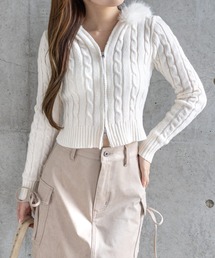 clear | ダブルジップケーブル編みファーフードニットトップス［Y2K カジュアル 着回し力抜群］≪AW新作≫(ニット/セーター)