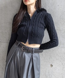 clear | ダブルジップケーブル編みファーフードニットトップス［Y2K カジュアル 着回し力抜群］≪AW新作≫(ニット/セーター)