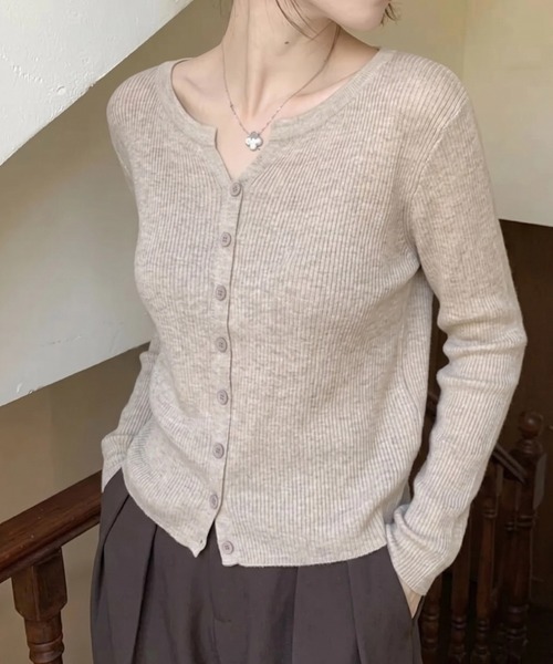 cammie(キャミー)の「ヘンリーネックリブニットカーディガン(カーディガン/ボレロ・レディース・ブラック/グレー/ベージュ・F)」の1枚目の写真