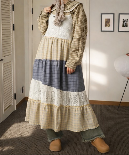 ロングキャミワンピース/パッチワーク/NEO森ガール（ワンピース