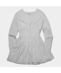 PLACE STUDIO | Vネック切り替えシャーリング貝ボタンプリーツミディワンピース_2COLOR(デニムパンツ)