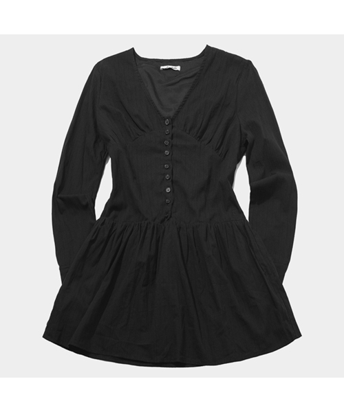 PLACE STUDIO(プレイススタジオ)の「Vネック切り替えシャーリング貝ボタンプリーツミディワンピース_2COLOR(デニムパンツ・レディース・ホワイト/ブラック・FREE)」の2枚目の写真