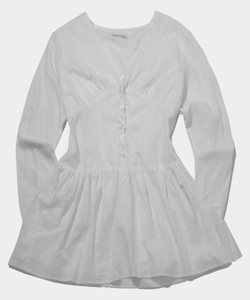 PLACE STUDIO(プレイススタジオ)の「Vネック切り替えシャーリング貝ボタンプリーツミディワンピース_2COLOR(デニムパンツ・レディース・ホワイト/ブラック・FREE)」の4枚目の写真