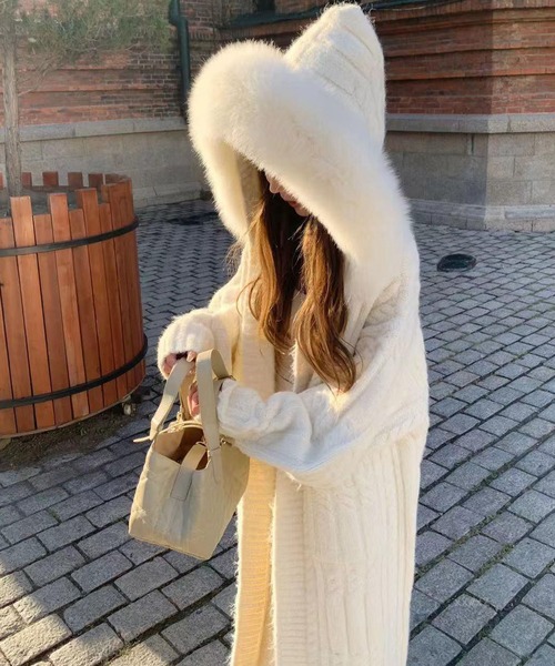 セール】2WAYファー フードニット ロングコーデュガン（カーディガン