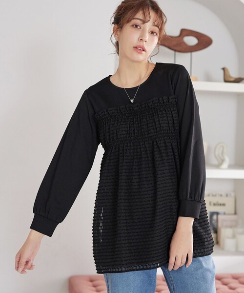 Tiaclasse(ティアクラッセ)の「ポンチ×ジャガードドッキングチュニック(Tシャツ/カットソー・レディース・キャメル/ブラック・XL/XXL)」の1枚目の写真