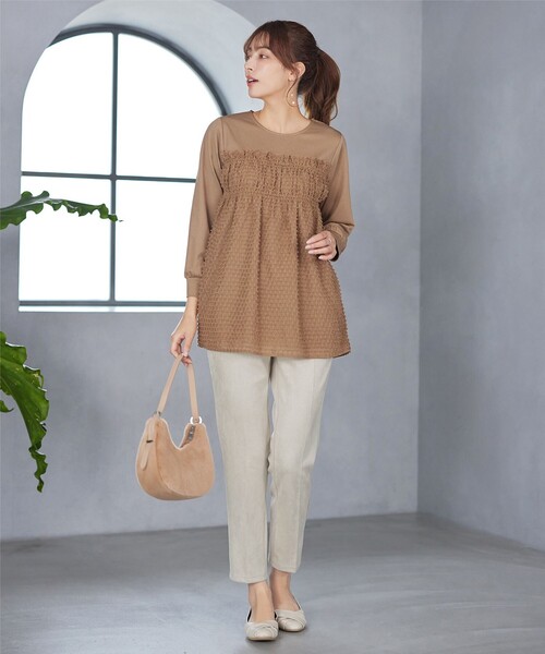 大きいサイズ】ポンチ×ジャガードドッキングチュニック（Tシャツ