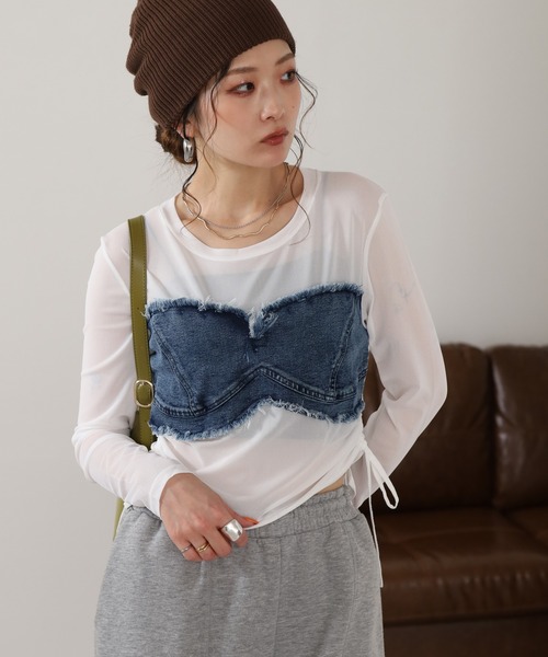 crossi(クロッシー)の「ビスチェ風デニム切替チュールレース長袖カットソー(Tシャツ/カットソー・レディース・カーキ/ブラック/ホワイト・FREE)」の1枚目の写真