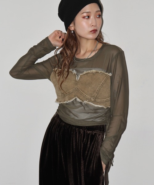 crossi(クロッシー)の「ビスチェ風デニム切替チュールレース長袖カットソー(Tシャツ/カットソー・レディース・カーキ/ブラック/ホワイト・FREE)」の2枚目の写真