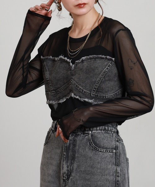 crossi(クロッシー)の「ビスチェ風デニム切替チュールレース長袖カットソー(Tシャツ/カットソー・レディース・カーキ/ブラック/ホワイト・FREE)」の3枚目の写真