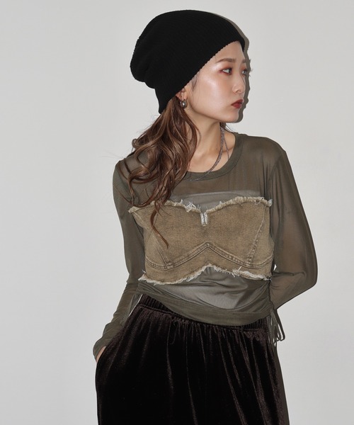 crossi(クロッシー)の「ビスチェ風デニム切替チュールレース長袖カットソー(Tシャツ/カットソー・レディース・カーキ/ブラック/ホワイト・FREE)」の4枚目の写真