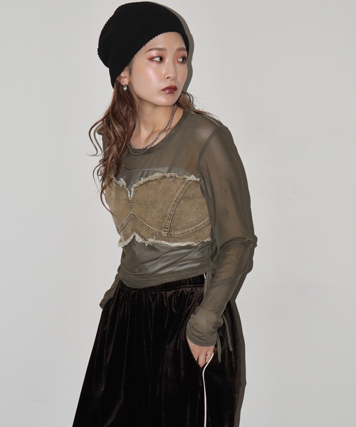 crossi(クロッシー)の「ビスチェ風デニム切替チュールレース長袖カットソー(Tシャツ/カットソー・レディース・カーキ/ブラック/ホワイト・FREE)」の5枚目の写真